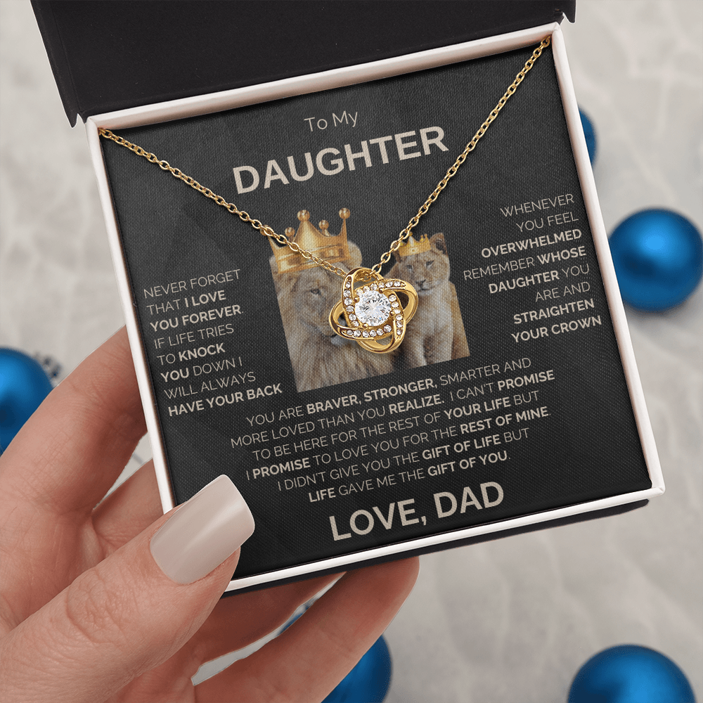 To My Daughter | Never Forget | Love Knot Necklace | Gold Lettering