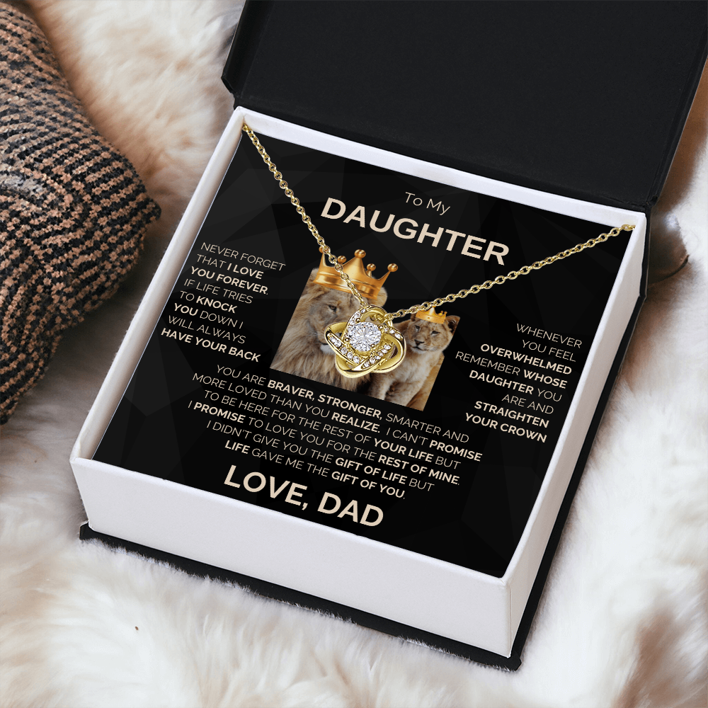 To My Daughter | Never Forget | Love Knot Necklace | Gold Lettering
