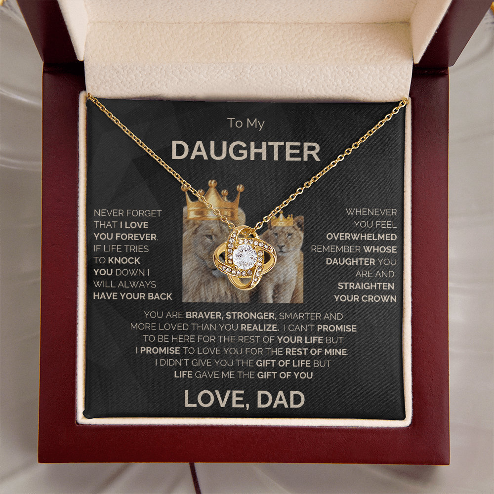 To My Daughter | Never Forget | Love Knot Necklace | Gold Lettering