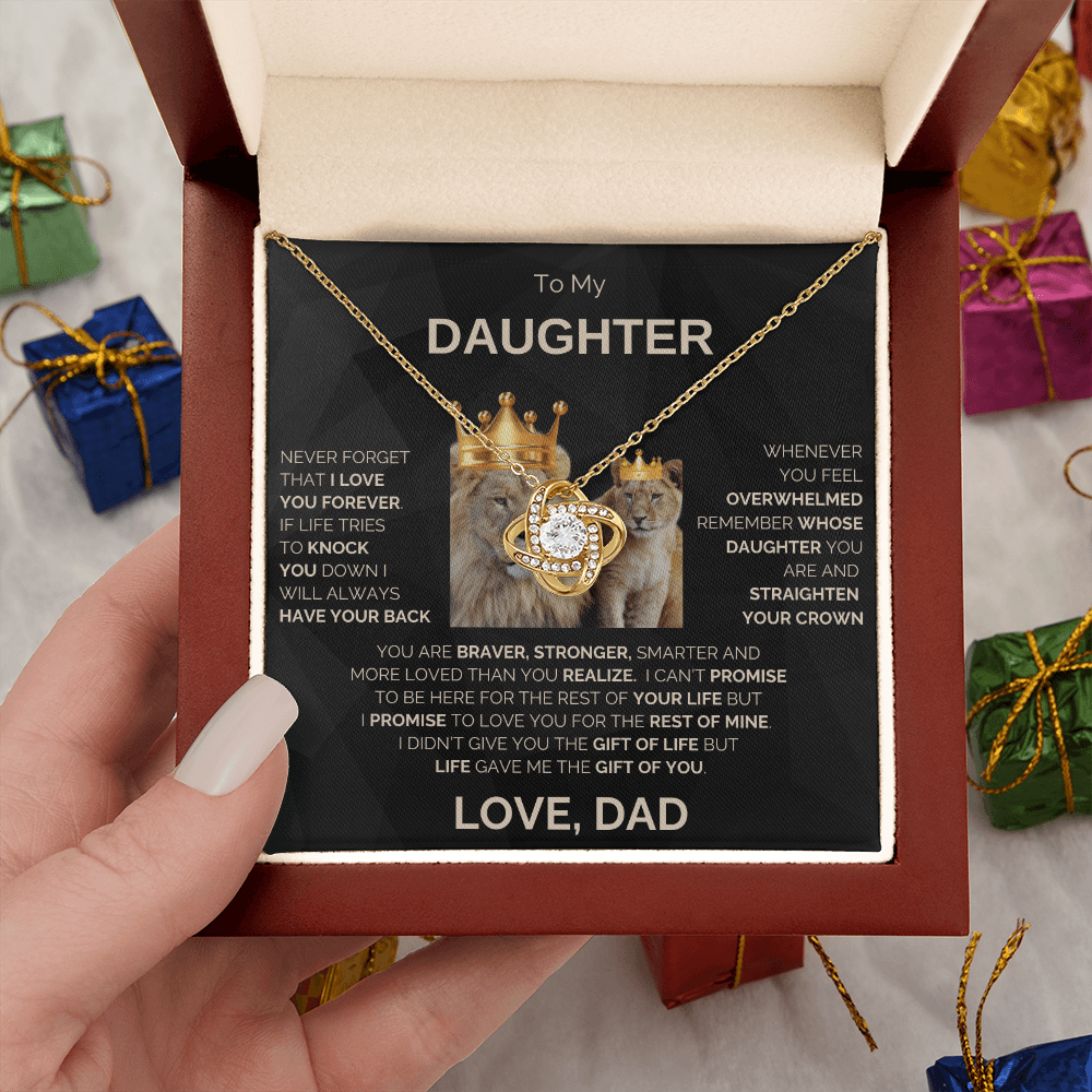To My Daughter | Never Forget | Love Knot Necklace | Gold Lettering