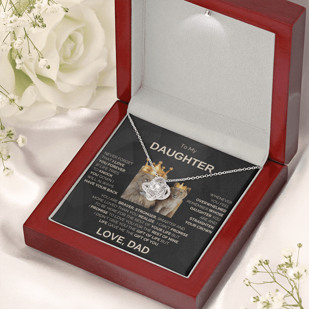To My Daughter | Never Forget | Love Knot Necklace | Gold Lettering