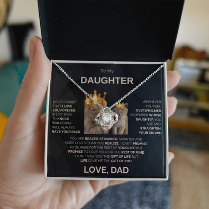 To My Daughter | Never Forget | Love Knot Necklace | Gold Lettering