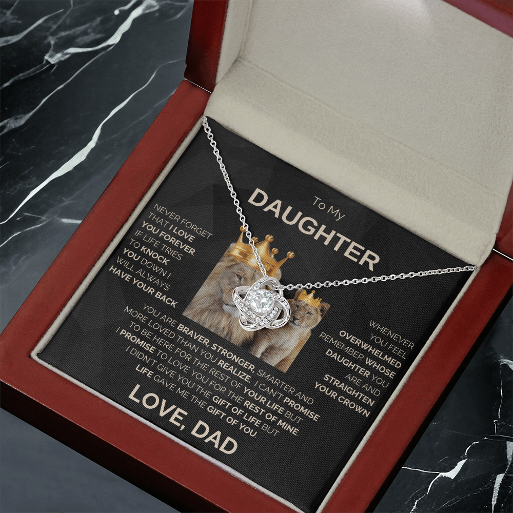To My Daughter | Never Forget | Love Knot Necklace | Gold Lettering
